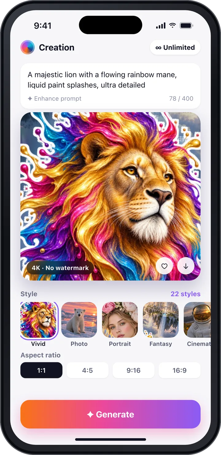 The AI Art Generator app screenshot: a rainbow lion created from a text prompt with style options
