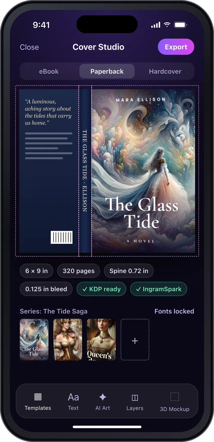 BookFrame AI app screenshot: paperback cover editor with front, spine and back cover and print guides