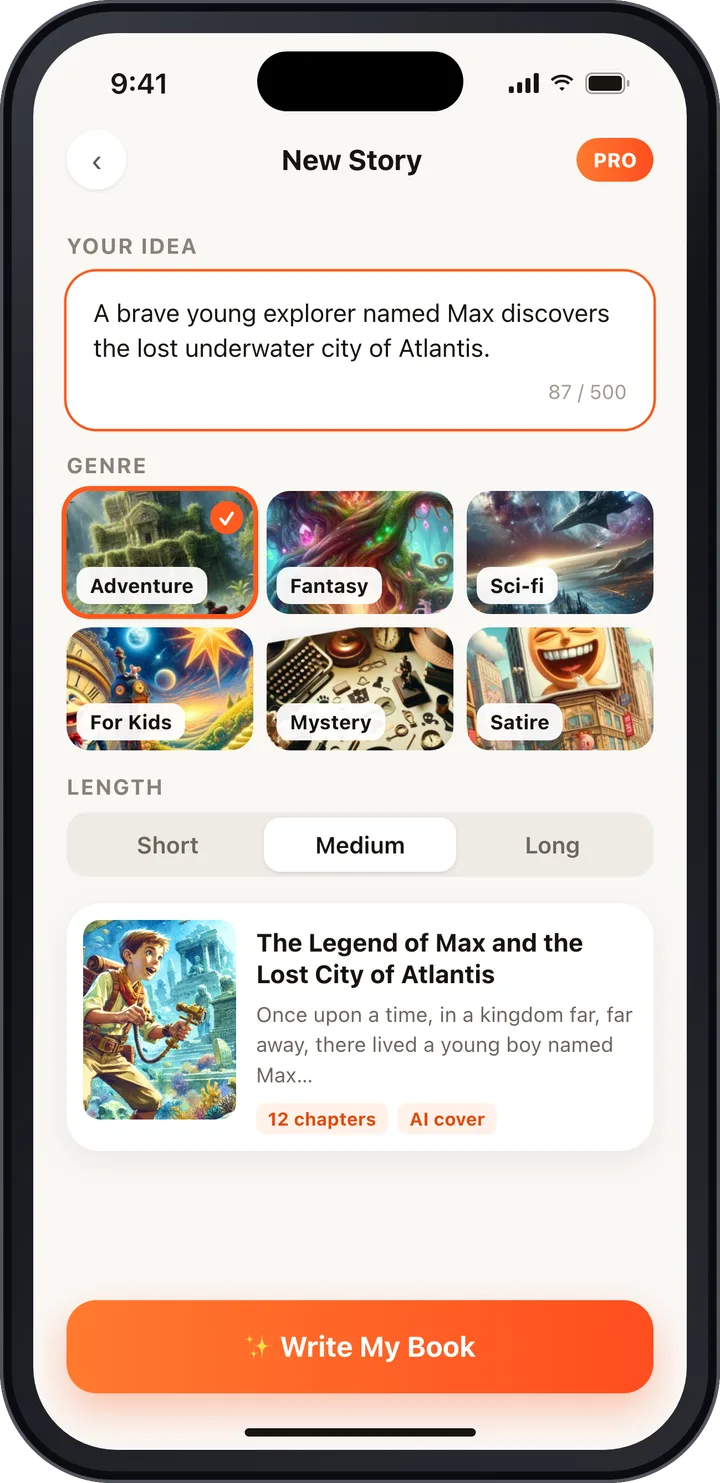 Story AI app screenshot: creating a new adventure book about Max and the Lost City of Atlantis